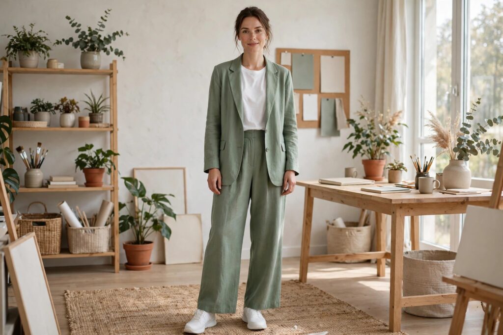 Woman in a relaxed sage green suit with a white tee and white trainers in a bright studio