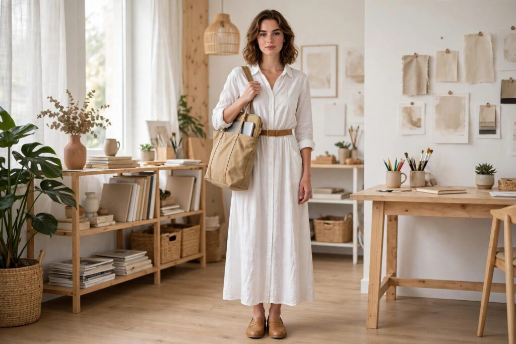 Woman in a white maxi shirt dress belted with a tan belt, carrying a laptop tote, in a bright studio