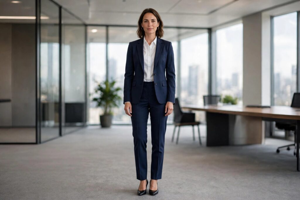 Woman in a corporate office wearing a navy trouser suit, a white shirt and black pumps
