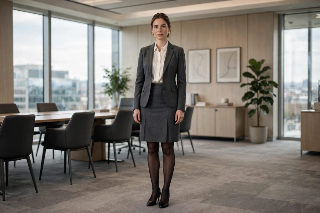 Woman in a corporate office wearing a charcoal skirt suit, an ivory blouse, black tights and black pumps