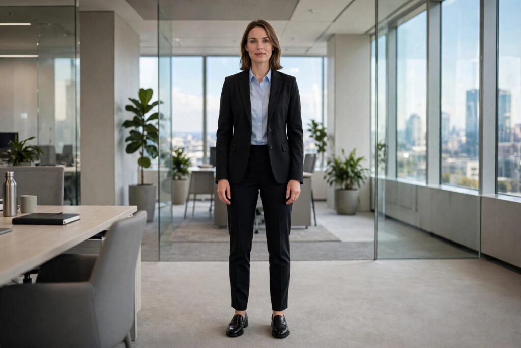 Woman in a corporate office wearing a black trouser suit, a pale blue shirt and black loafers