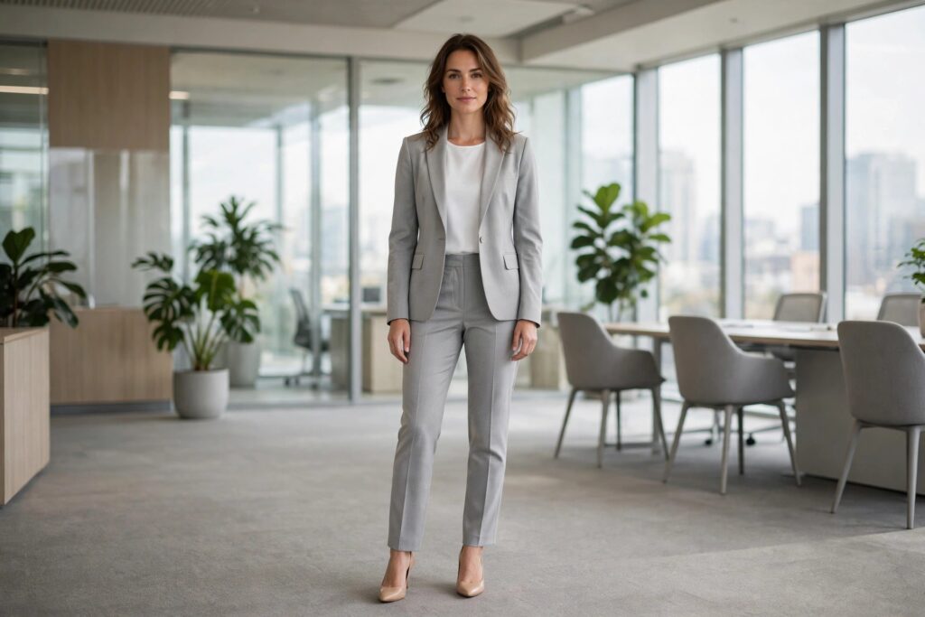 Woman in a corporate office wearing a light gray trouser suit, a white top and nude pumps