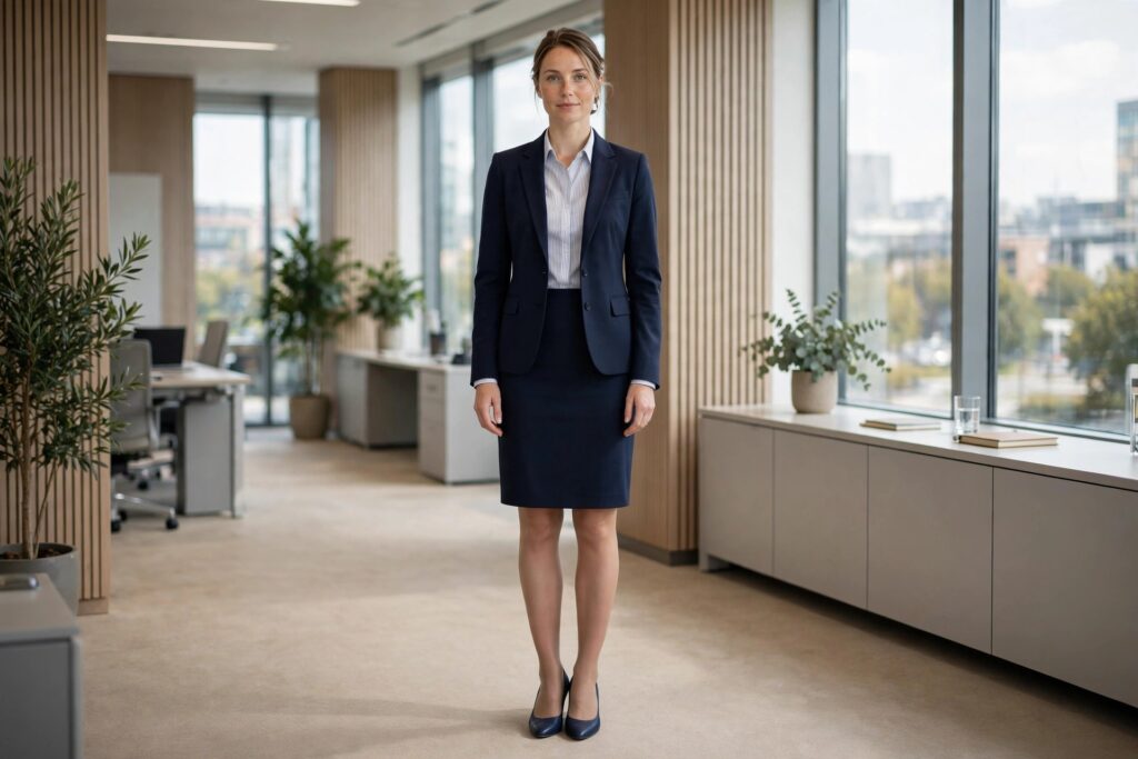 Woman in a corporate office wearing a navy skirt suit, a fine stripe shirt and navy pumps