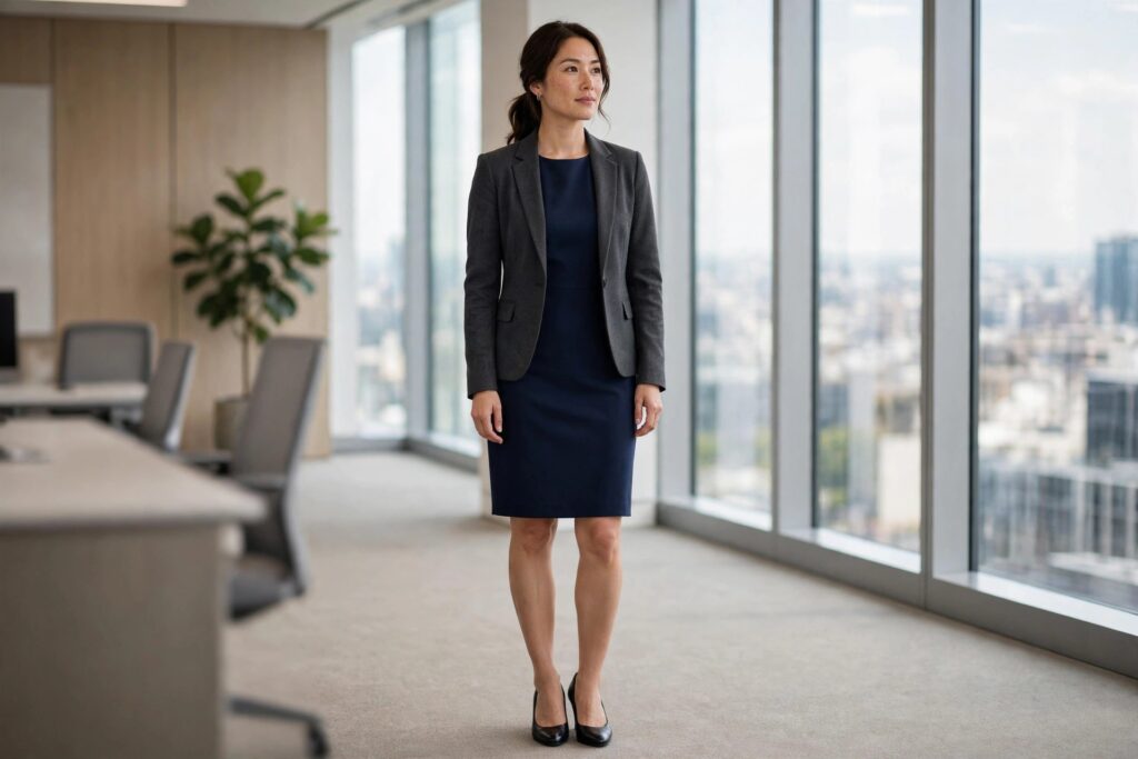 Woman in a corporate office wearing a navy shift dress, a charcoal blazer and black pumps