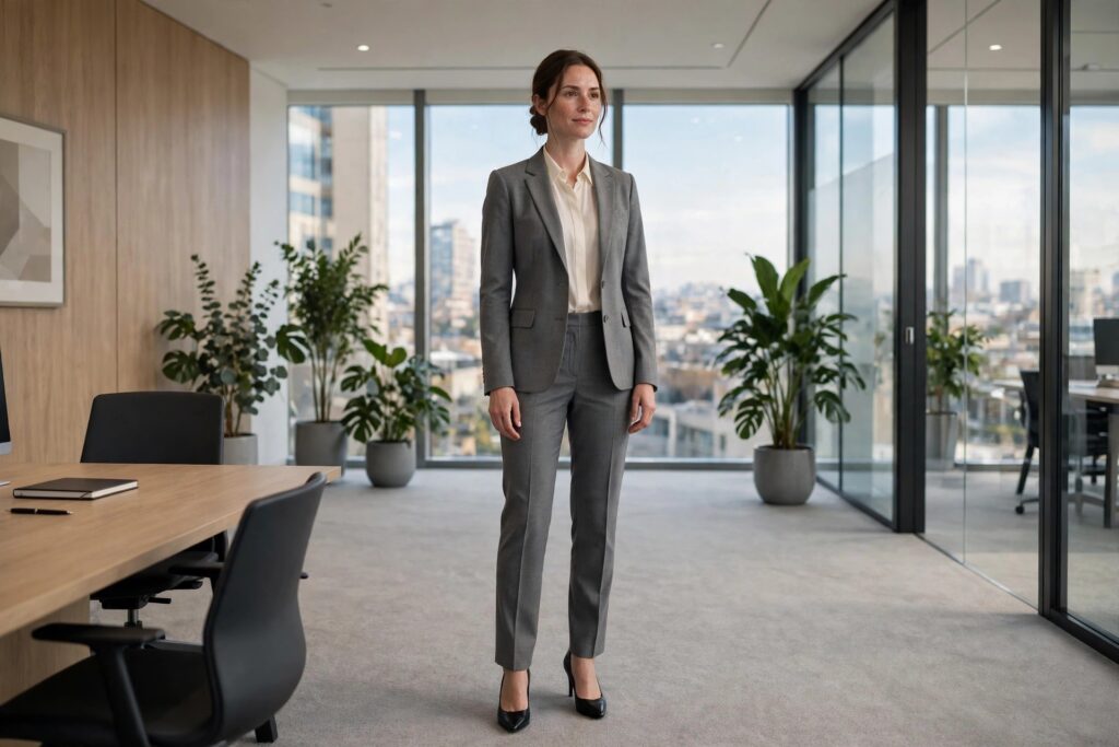 Woman in a corporate office wearing a gray trouser suit, a cream blouse and black pumps