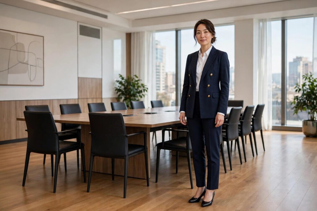 Woman in a boardroom wearing a navy double breasted trouser suit, a white shirt and black pumps