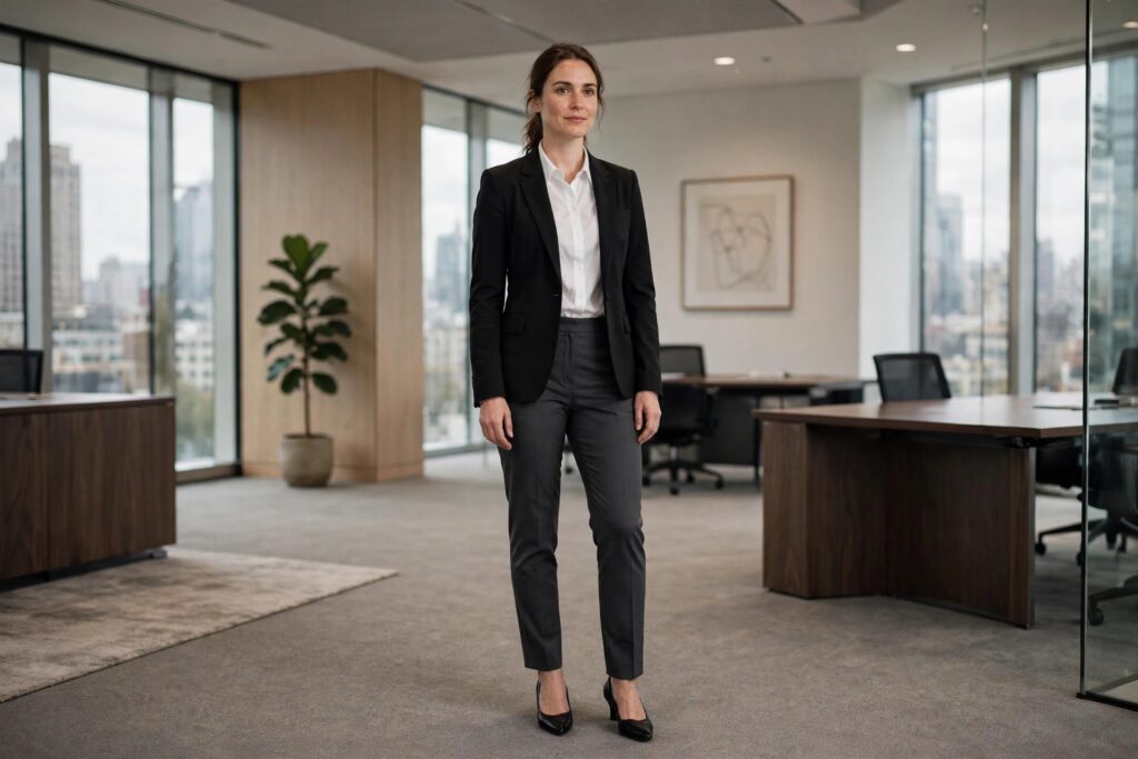 Woman in a corporate office wearing charcoal trousers, a white shirt, a black blazer and black pumps