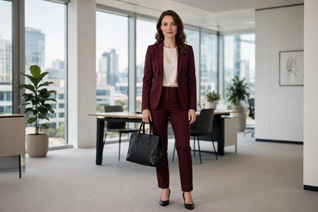 Woman in a corporate office wearing a burgundy trouser suit, a cream top, black pumps and a black tote bag