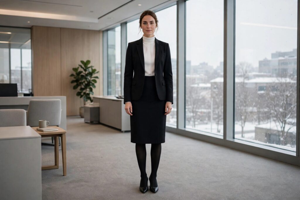 Woman in a corporate office in winter wearing a black skirt suit, a white high neck blouse, opaque tights and black pumps