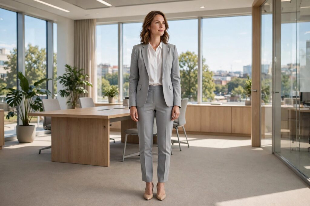 Woman in a bright corporate office wearing a light gray summer suit, a white blouse and nude pumps
