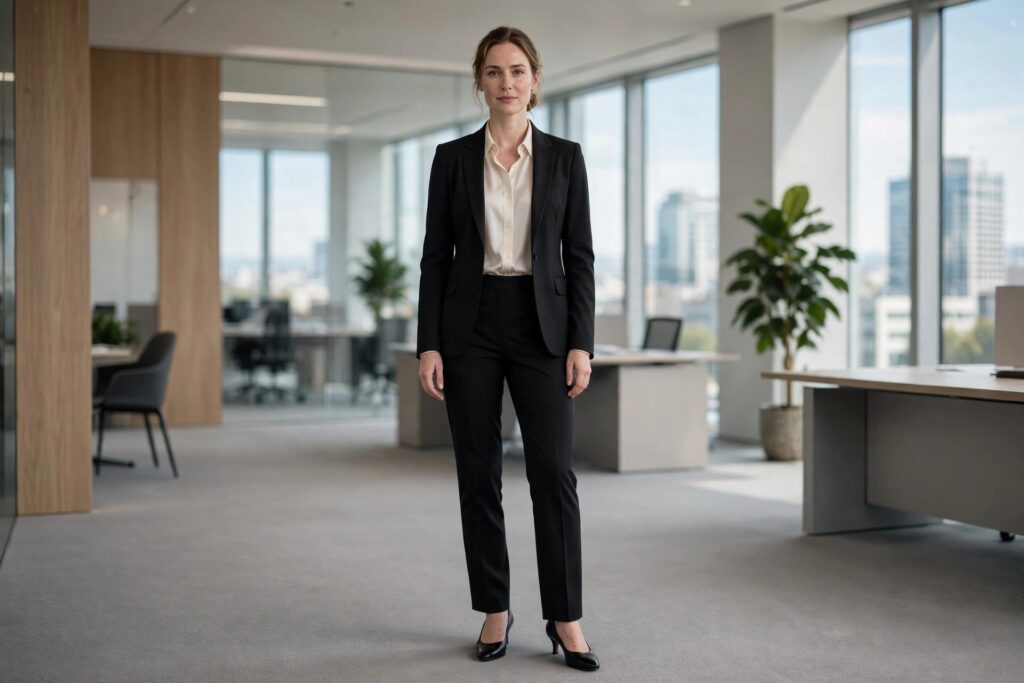 Woman in a corporate office wearing a black trouser suit, a cream silky shirt and black pumps