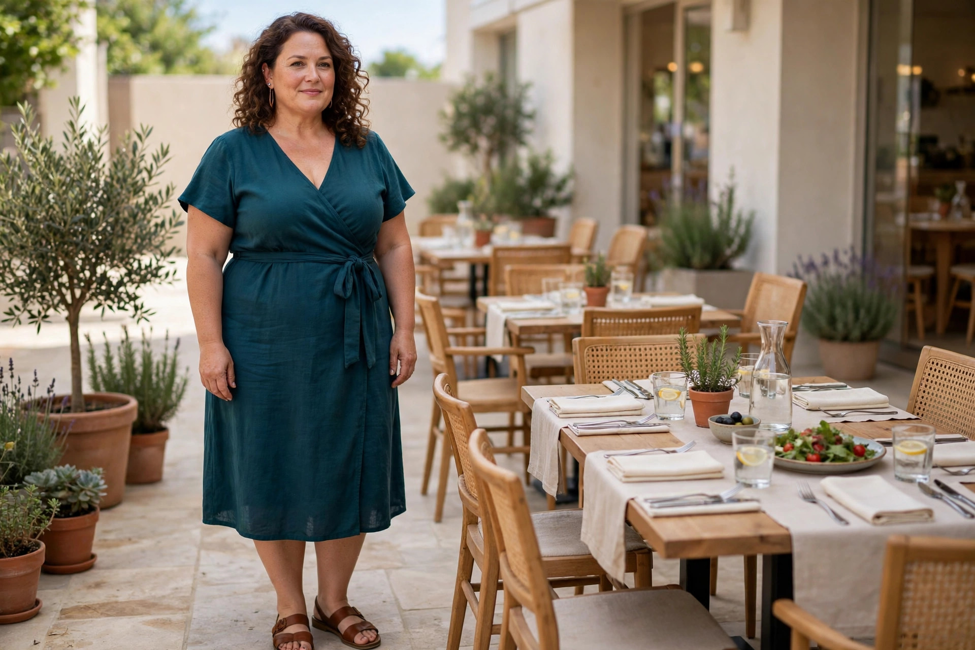 Curvy plus size woman wearing a deep teal wrap dress and brown flat sandals on a cafe patio