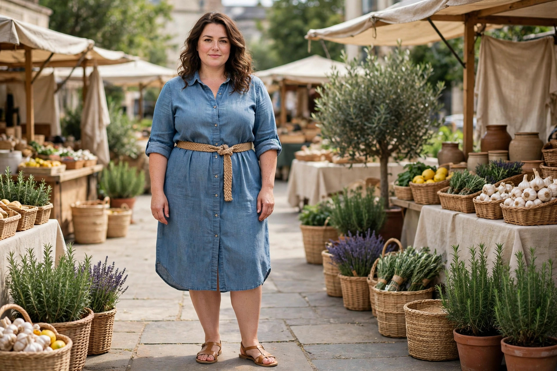 Curvy plus size woman wearing a chambray shirt dress with a woven belt and tan flat sandals at an outdoor market