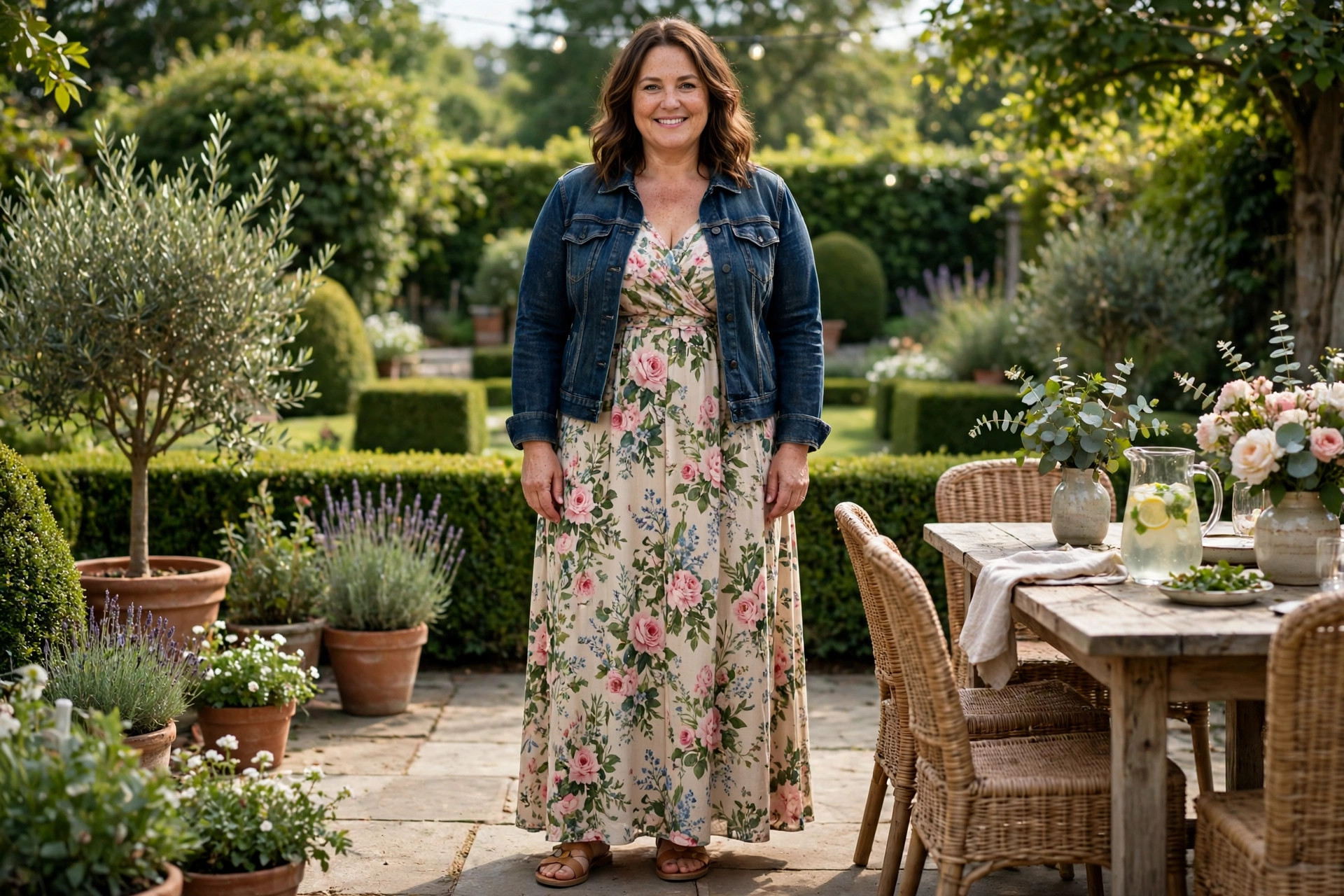 Curvy plus size woman wearing a floral maxi dress, a denim jacket and flat sandals at a garden party
