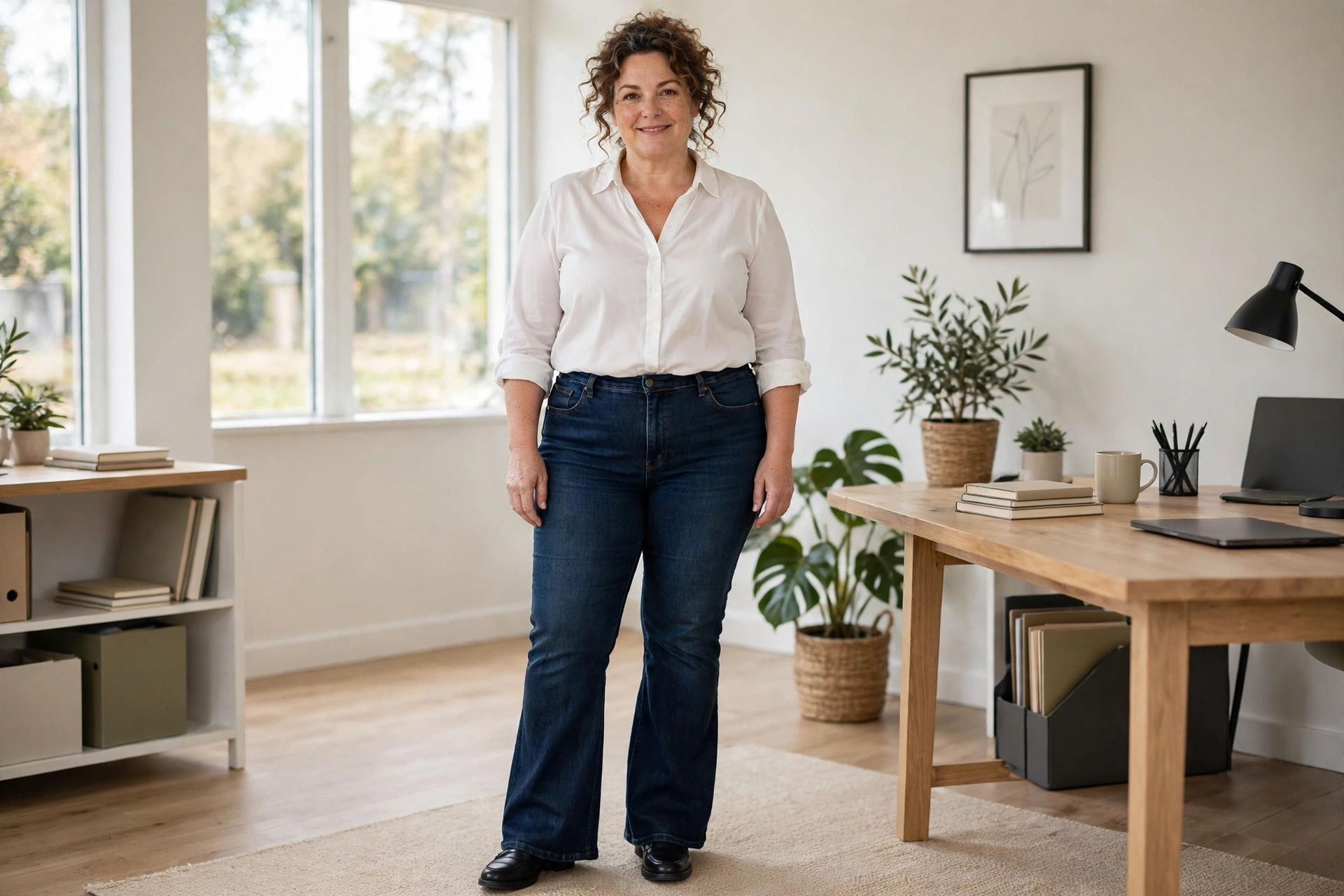 Curvy plus size woman wearing a white blouse tucked into dark bootcut jeans with black loafers in a bright office