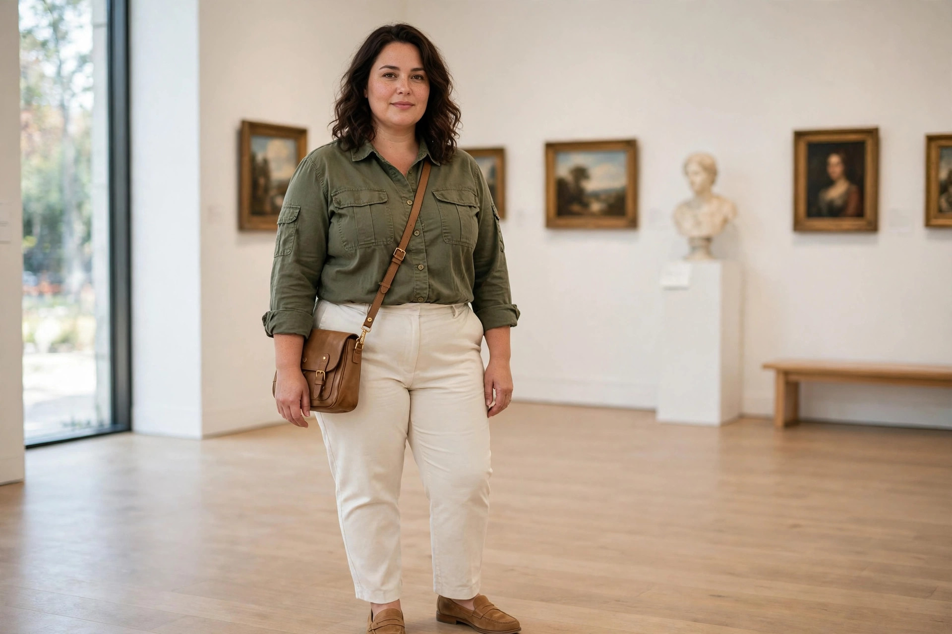 Curvy plus size woman wearing an olive utility shirt, cream straight trousers, tan loafers and a crossbody bag in a museum