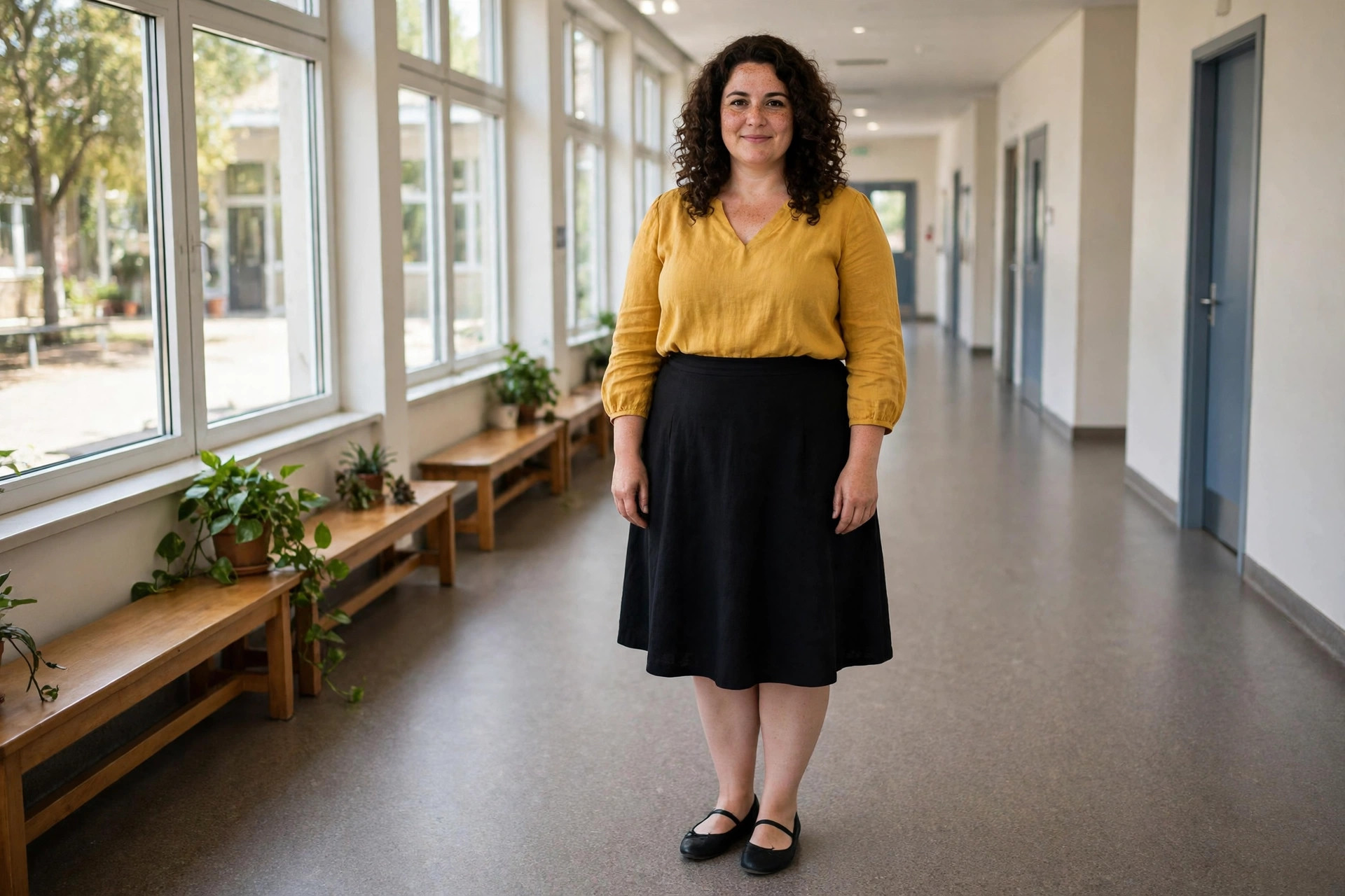 Curvy plus size woman wearing a mustard blouse, a black A-line skirt and black flats in a school hall