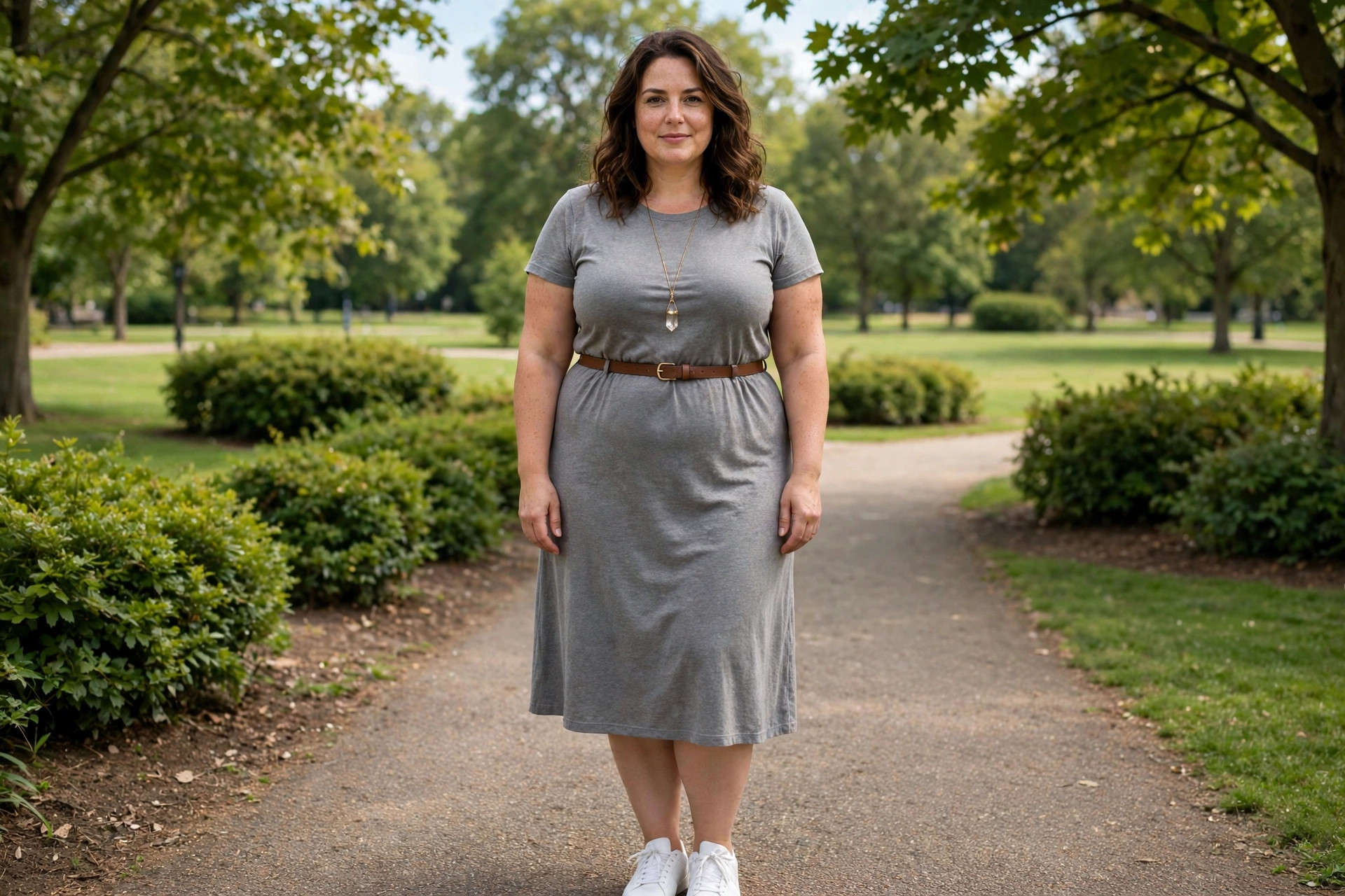Curvy plus size woman wearing a gray tee dress with a thin belt, a long necklace and white sneakers on a park path