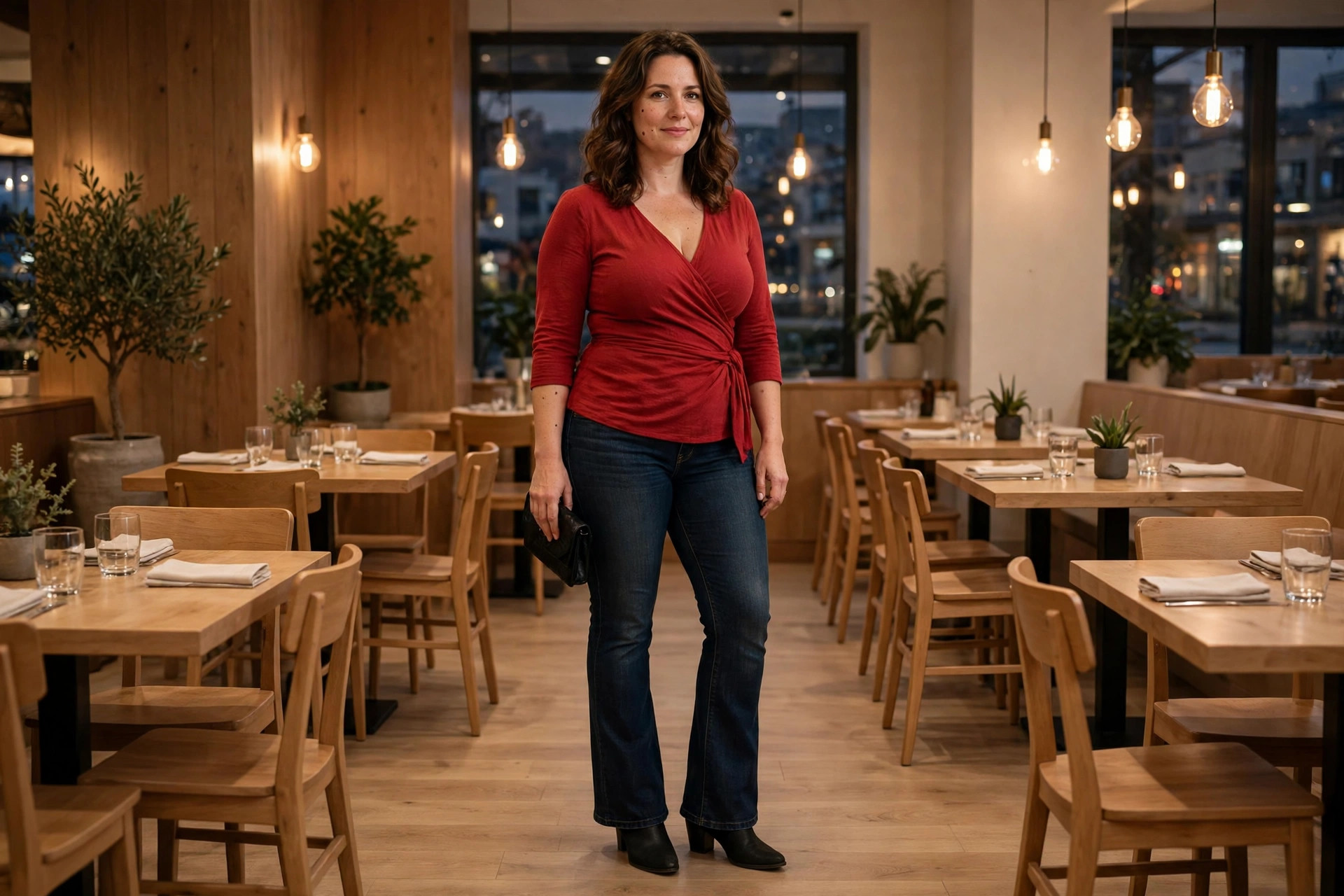 Curvy hourglass woman wearing a red wrap top, dark bootcut jeans, black heeled ankle boots and a black clutch in a warm restaurant at evening