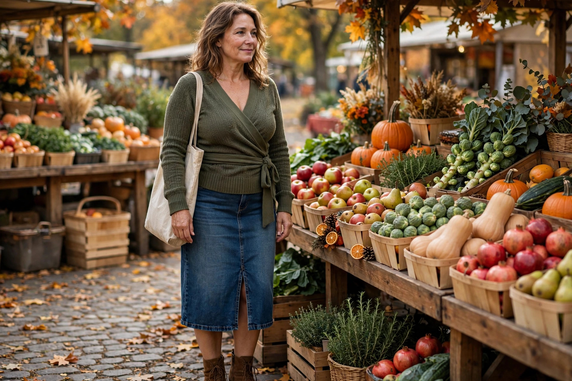 Hourglass woman wearing an olive wrap knit top, denim midi skirt with a front slit, brown ankle boots and a canvas tote at a fall farmers market