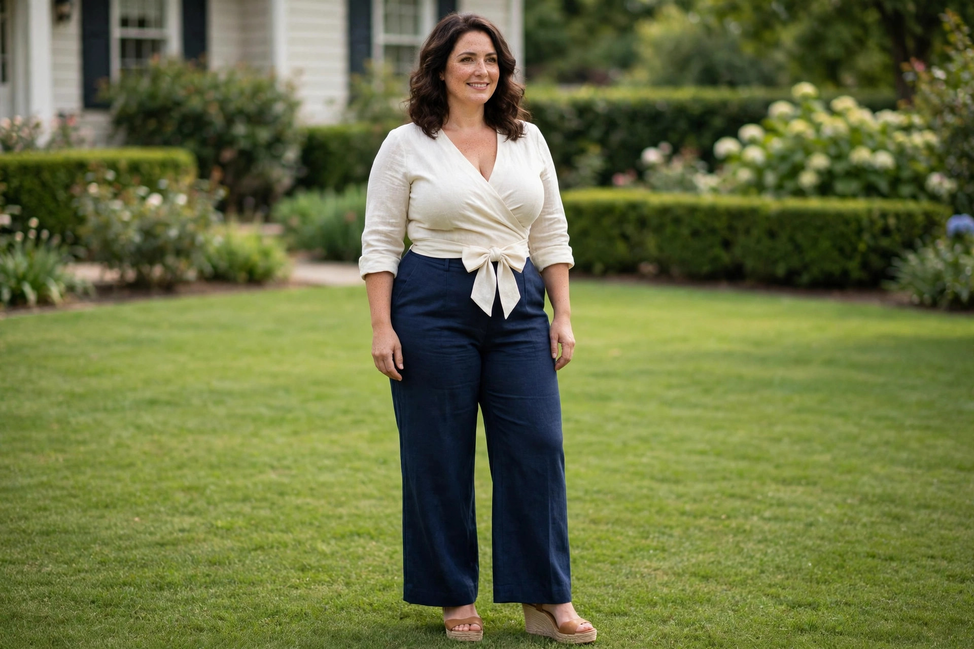 Curvy hourglass woman wearing an ivory wrap top with a bow, navy wide leg pants and tan wedge sandals on a green lawn