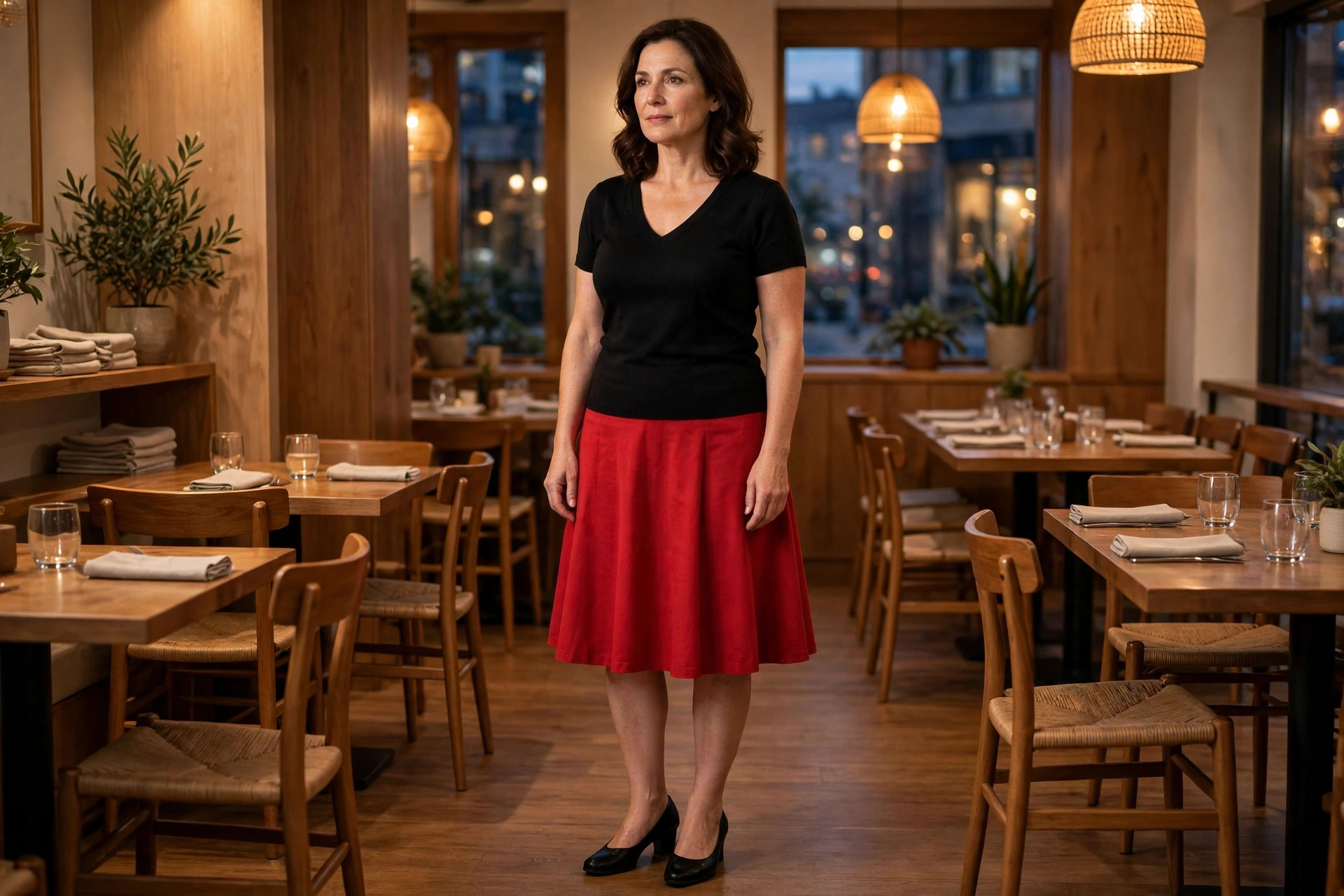Broad shouldered woman wearing a black V-neck top, red A-line skirt and black low heels in a warm restaurant at evening