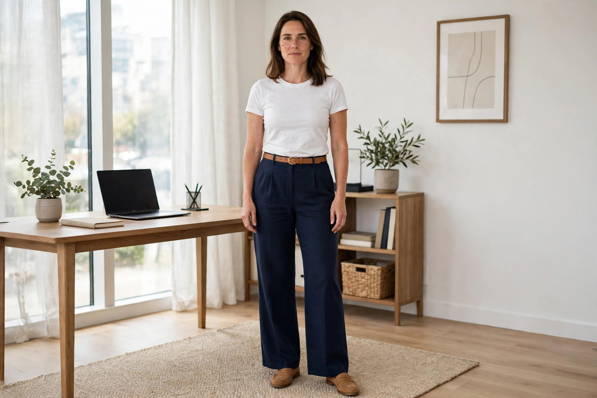 Broad shouldered woman wearing a white fitted tee, navy wide leg pants, a slim tan belt and tan loafers in a bright office
