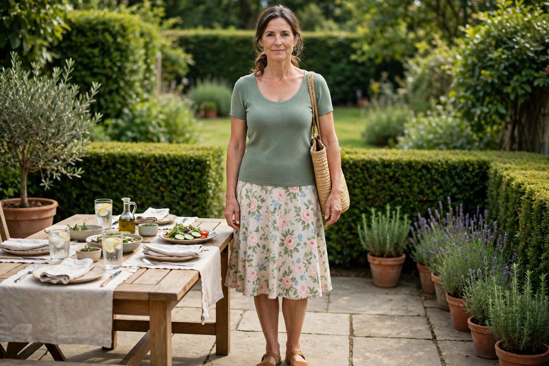 Broad shouldered woman wearing a sage scoop neck top, floral A-line skirt, flat tan sandals and a woven tote at a garden lunch table