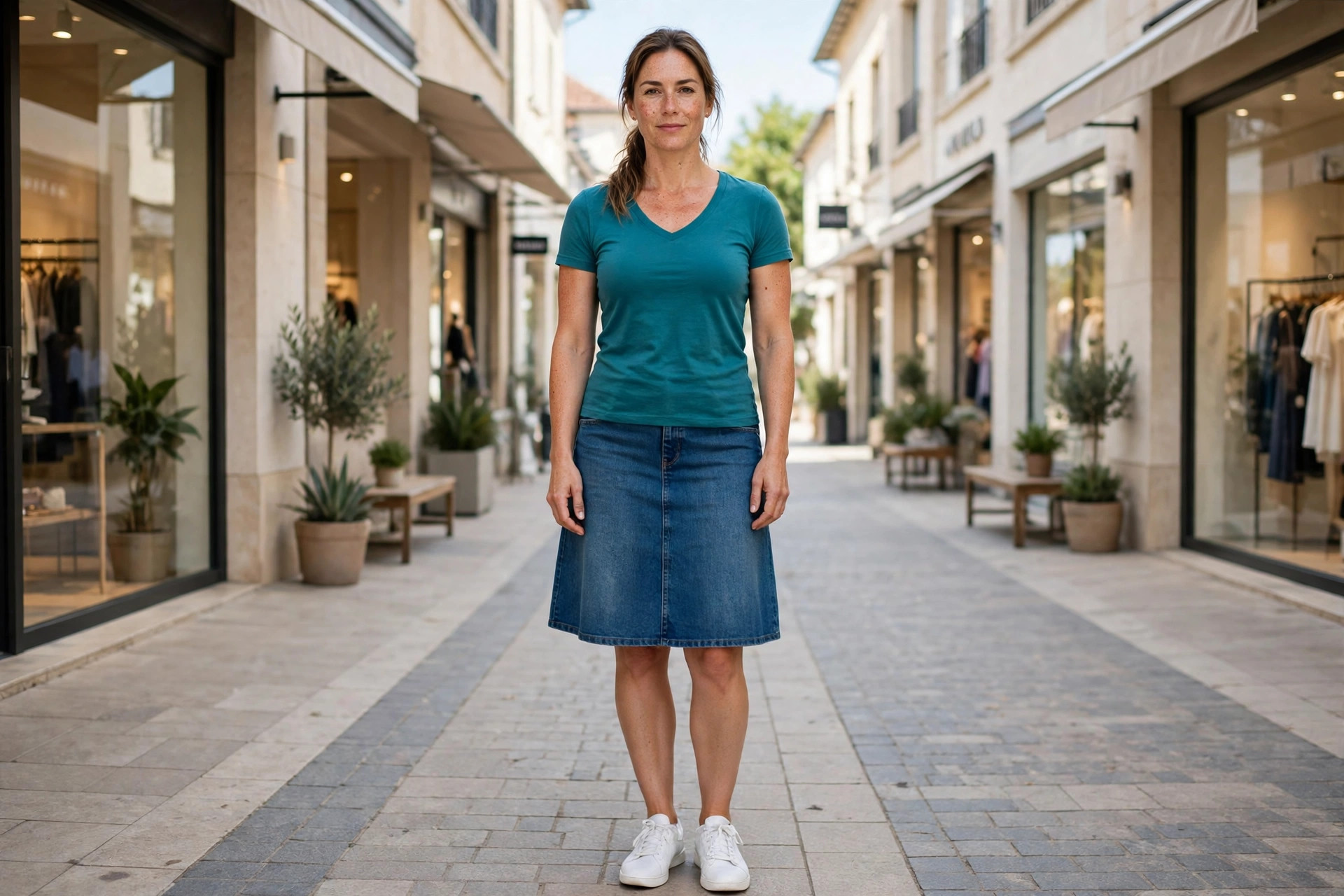 Broad shouldered woman wearing a teal V-neck tee, knee length denim A-line skirt and white sneakers on a shopping street
