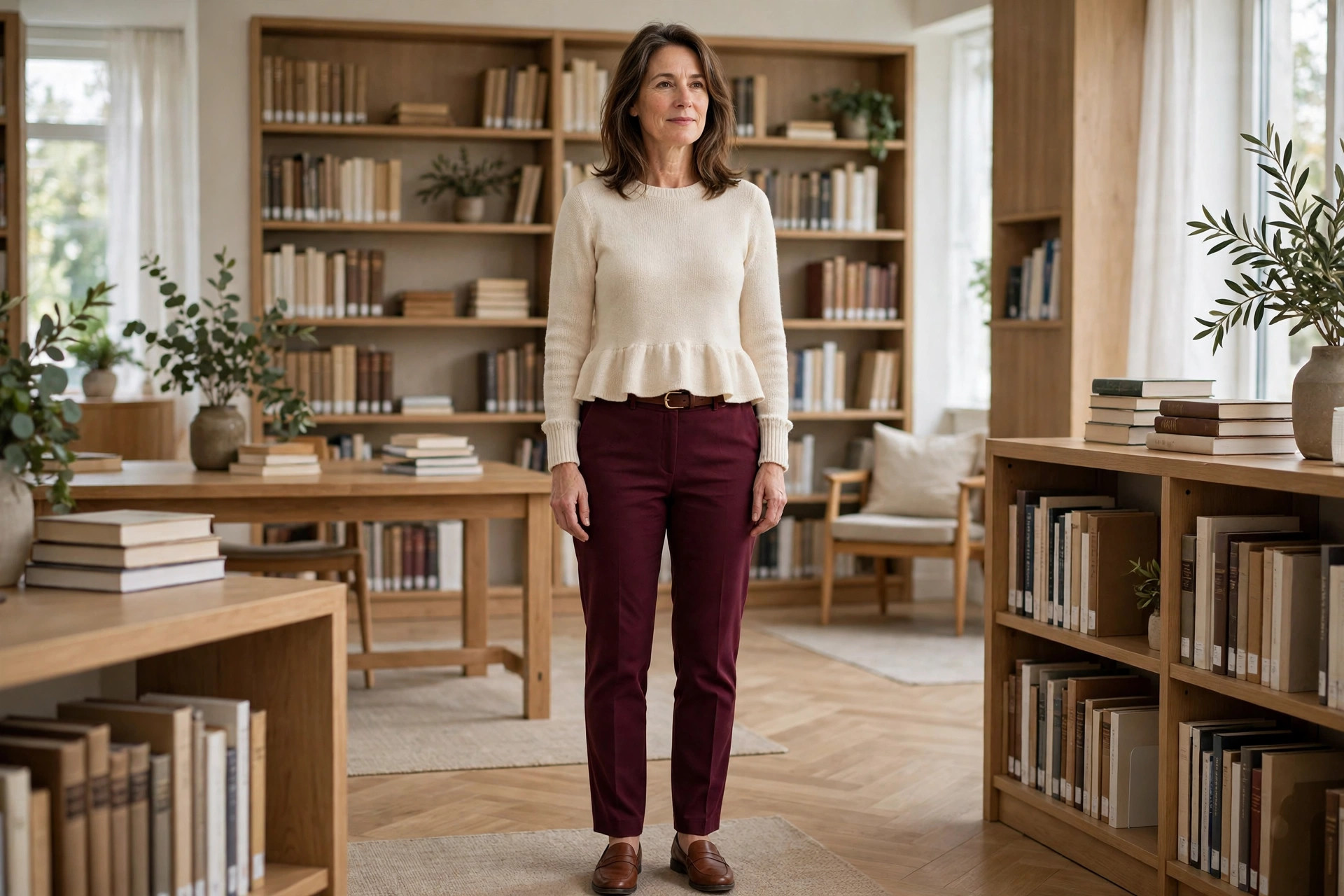 Rectangle built woman wearing a cream peplum sweater, burgundy trousers, a thin brown belt and brown loafers in a library