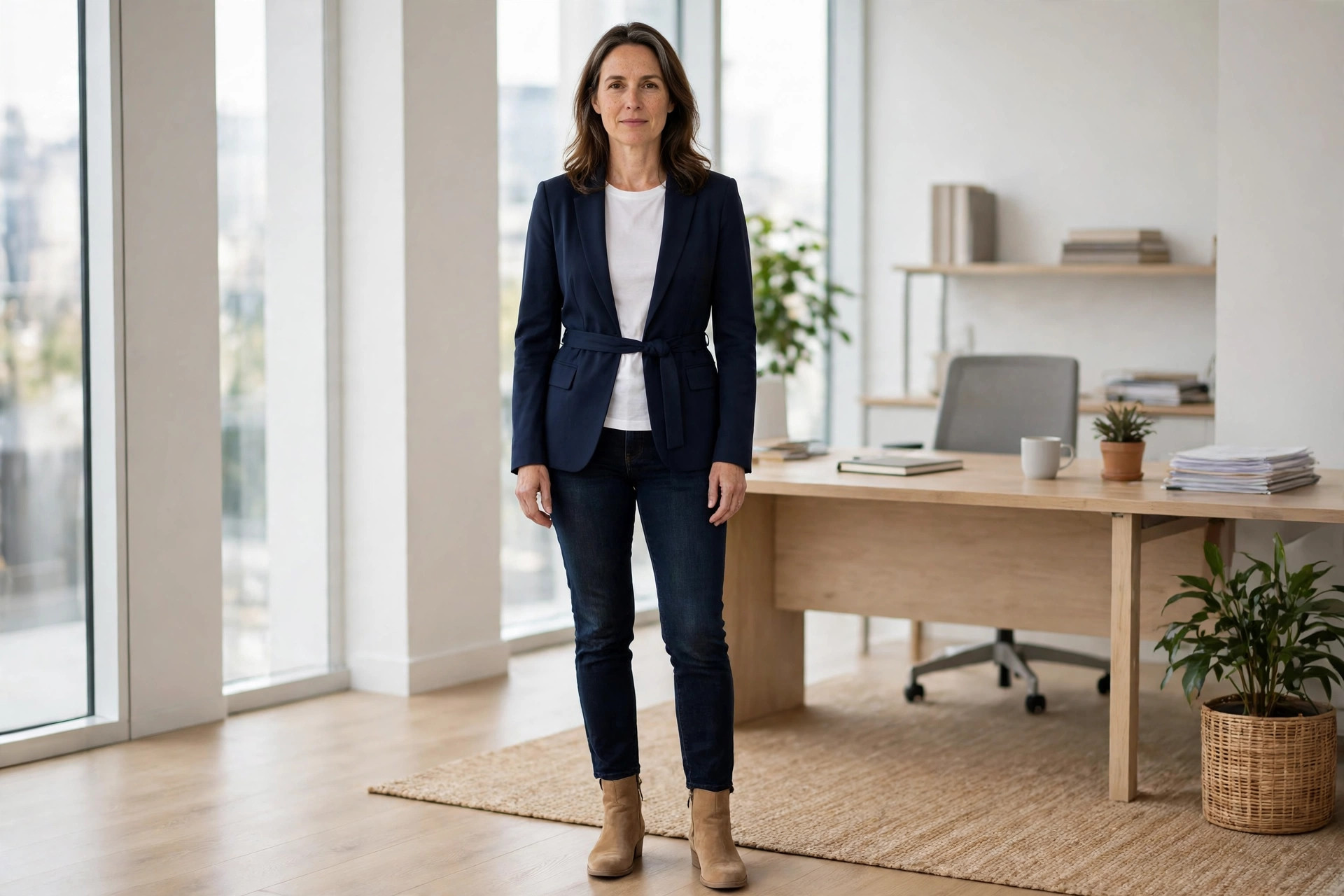 Rectangle built woman wearing a navy blazer belted at the waist over a white tee, dark jeans and tan ankle boots in a bright office