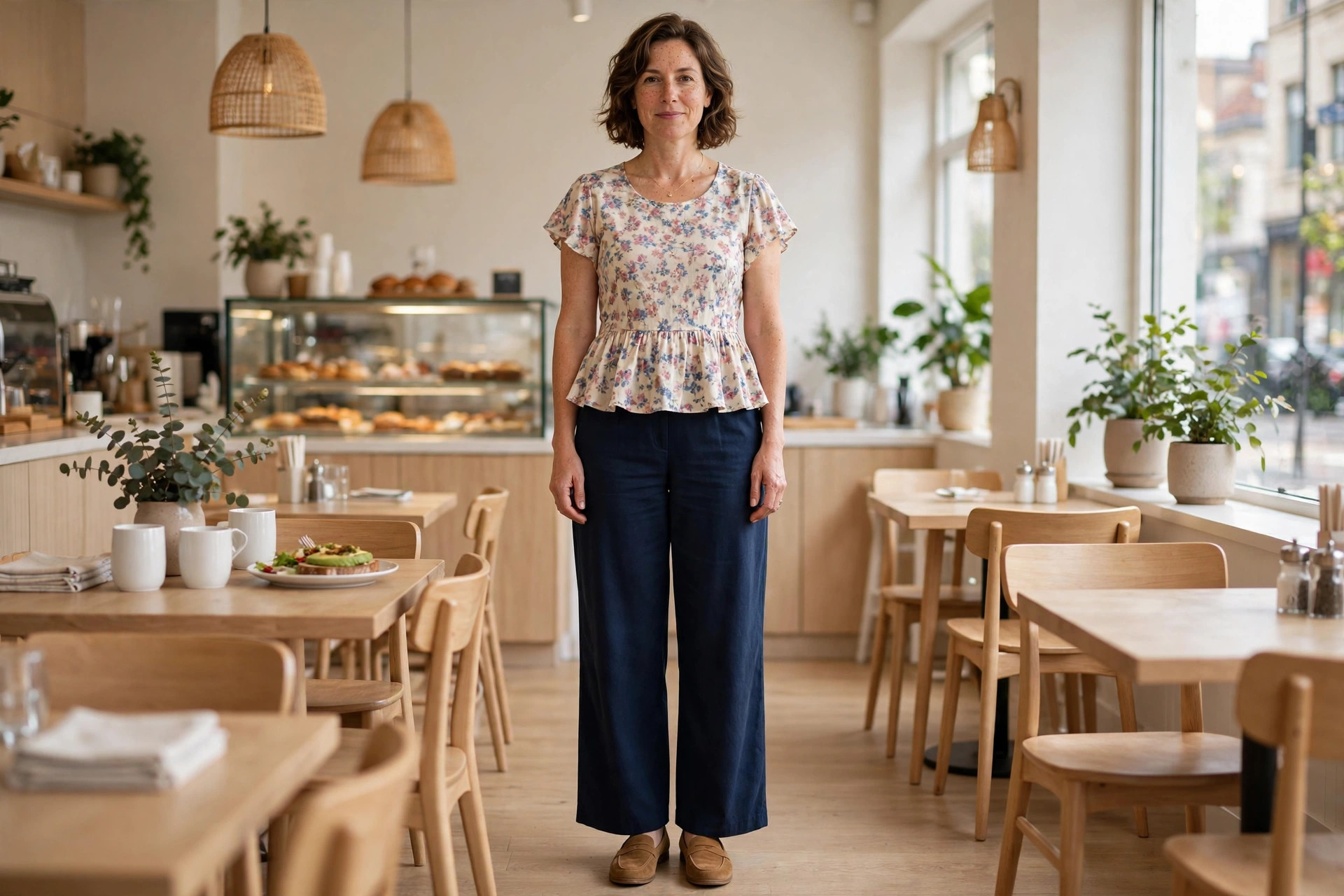 Rectangle built woman wearing a floral peplum top, navy wide leg pants and tan loafers in a bright cafe