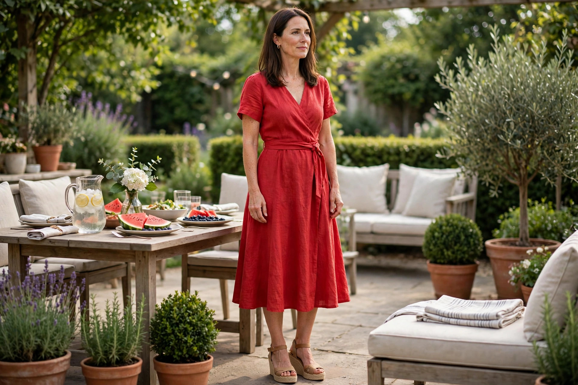 Rectangle built woman wearing a red wrap dress tied at the waist and tan wedge sandals at a garden party table