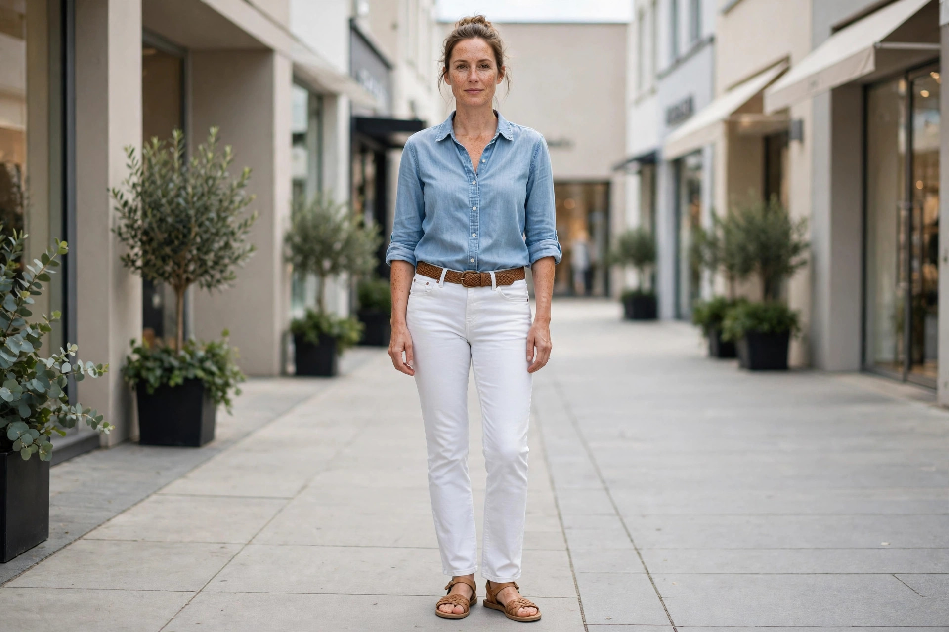 Rectangle built woman wearing a chambray shirt with a woven brown belt over white jeans and tan sandals on a shopping street