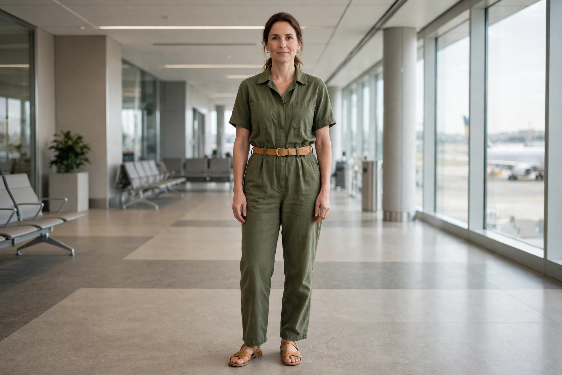Rectangle built woman wearing an olive jumpsuit with a tan belt at the waist and tan flat sandals in an airport concourse