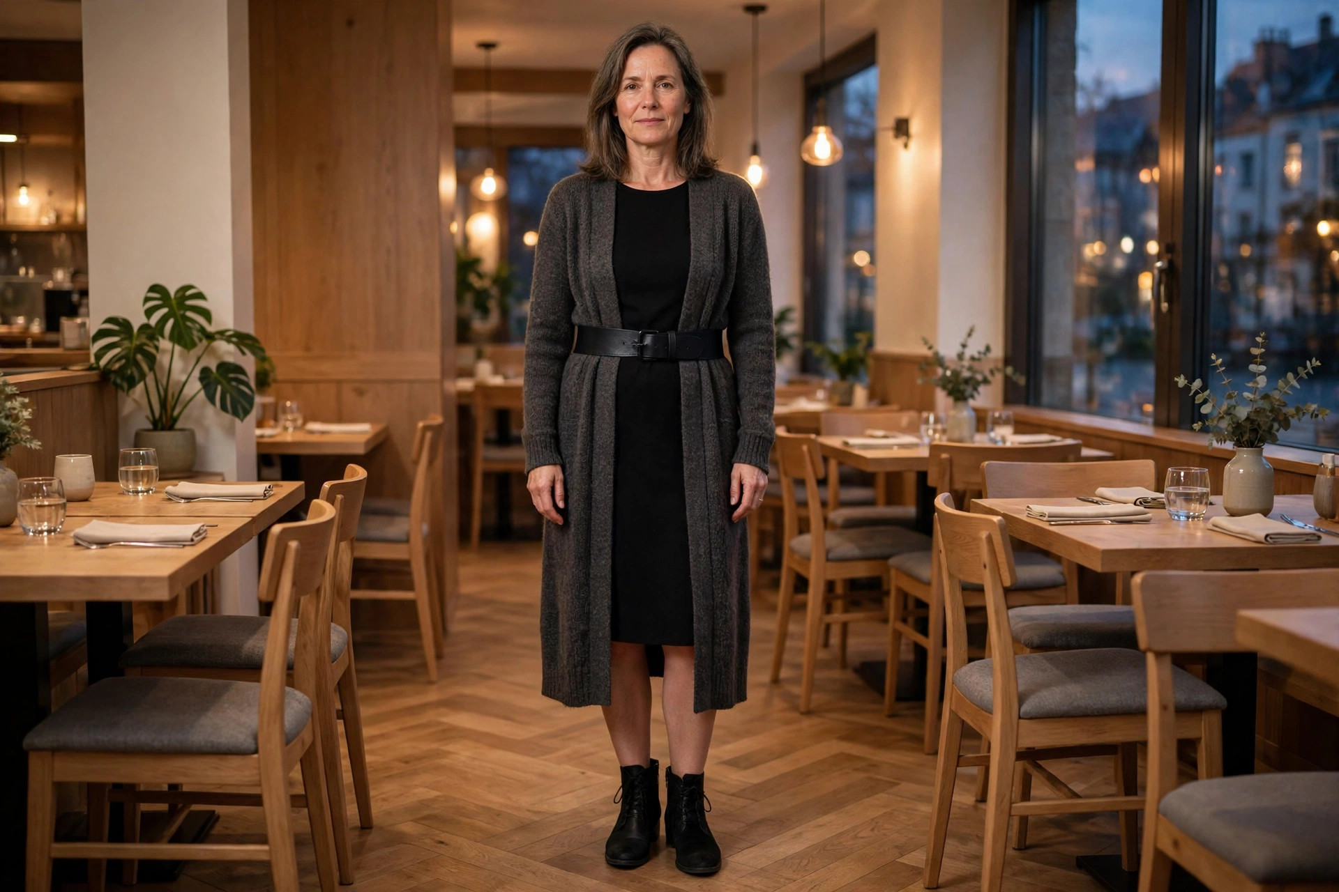 Rectangle built woman wearing a charcoal long cardigan with a wide black belt over a black dress and black ankle boots in a restaurant at evening