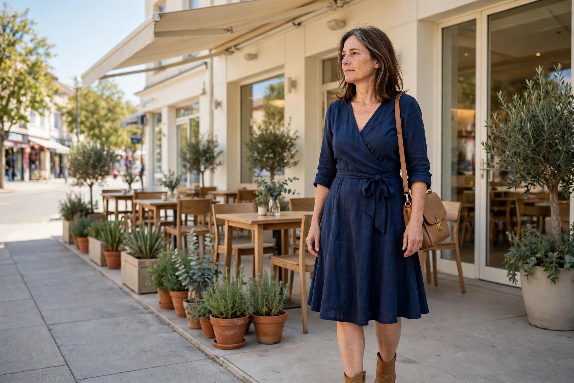 Woman wearing a navy wrap dress with three-quarter sleeves and a flared skirt, tan ankle boots and a shoulder bag at a cafe