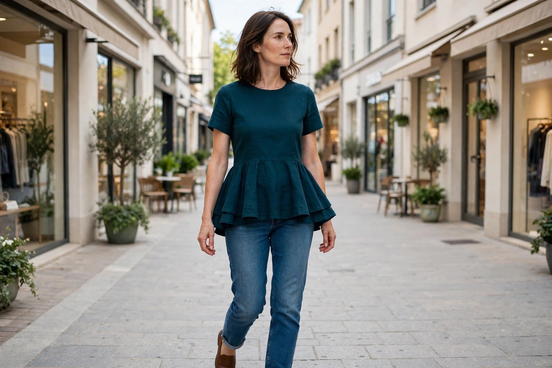 Woman wearing a teal peplum top, medium wash straight jeans and brown loafers on a shopping street