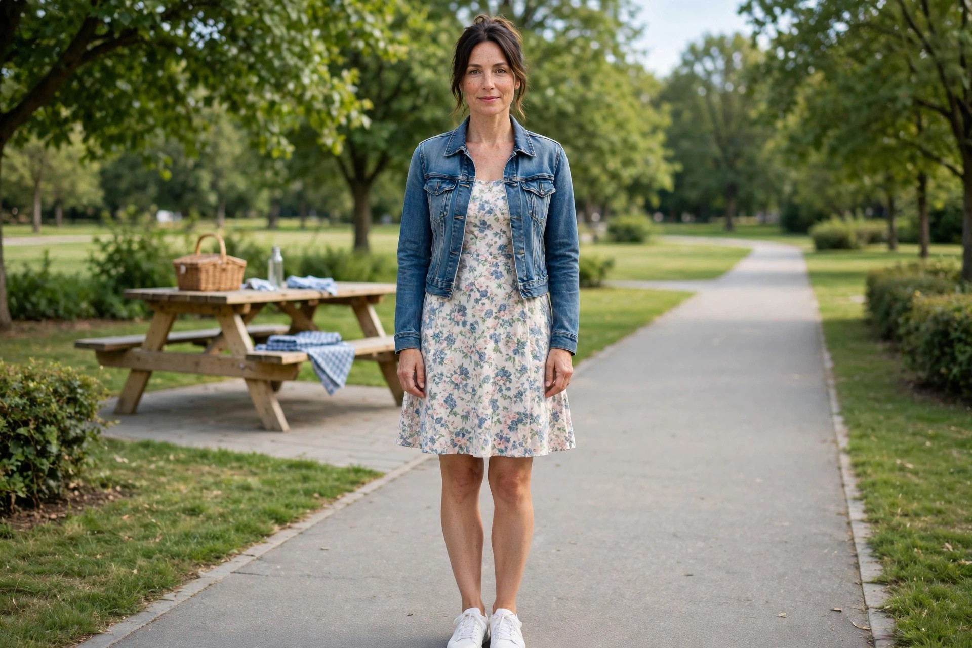 Woman wearing a floral fit and flare dress, a cropped denim jacket and white sneakers in a park