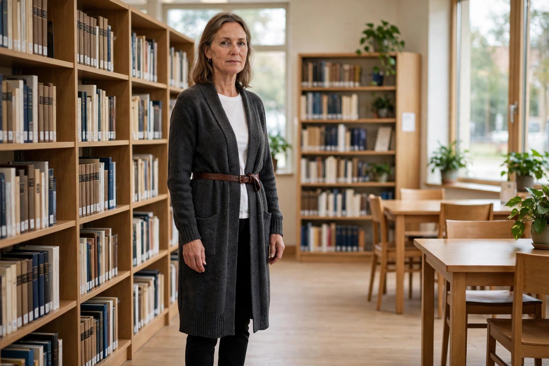Woman wearing a long charcoal cardigan belted at the waist over a white tee and black slim pants in a library