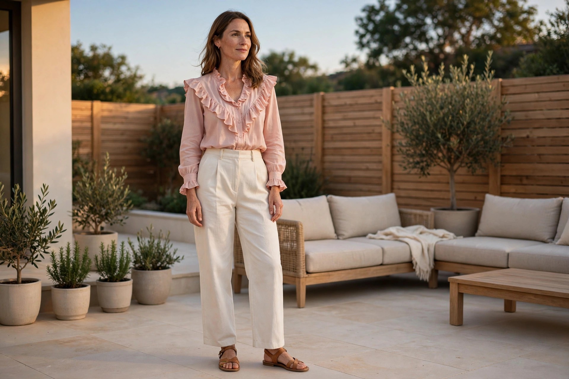 Woman wearing a blush ruffle blouse, cream wide leg pants and flat sandals on a patio