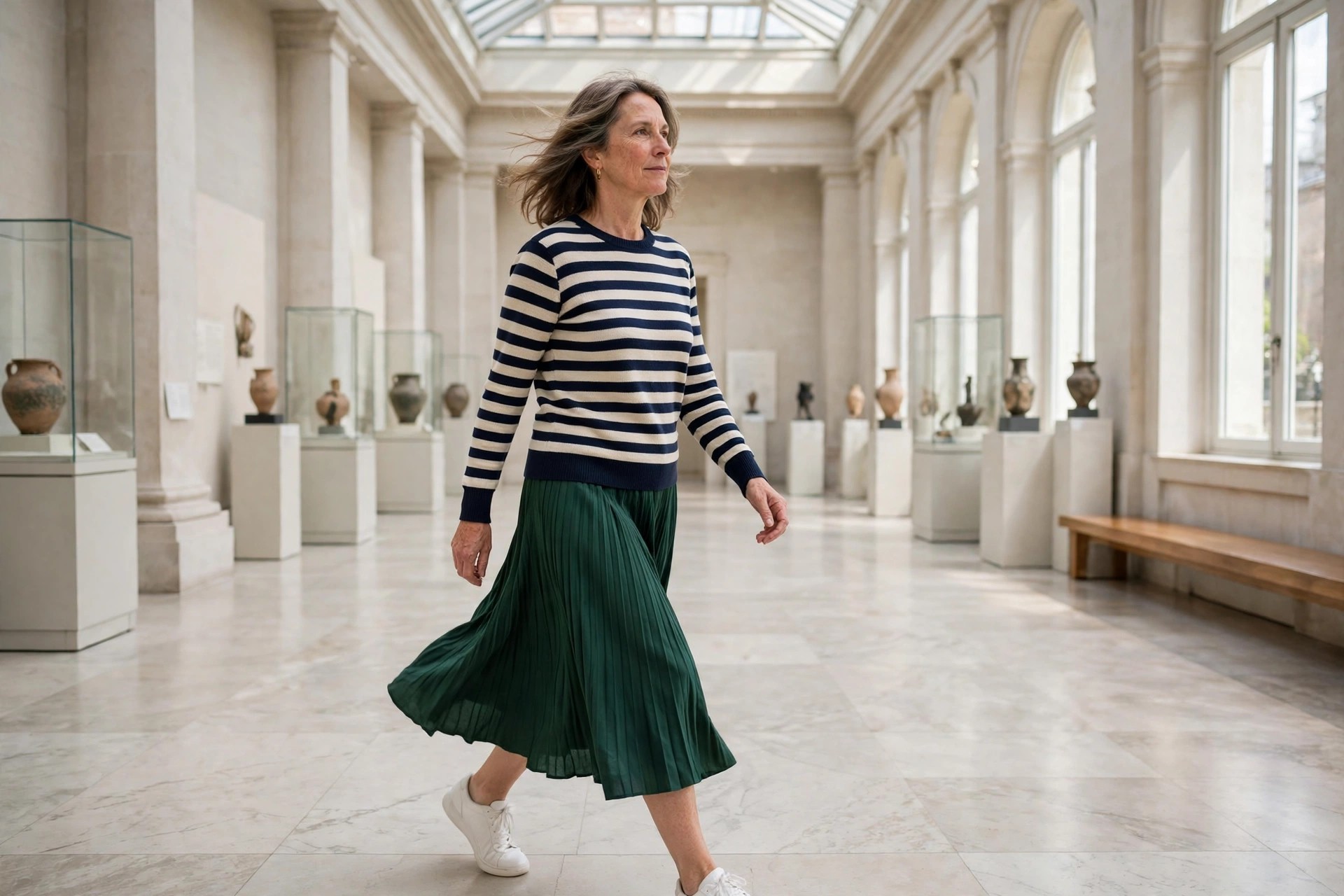 Woman wearing a navy and cream striped sweater, a deep green pleated midi skirt and white sneakers in a museum