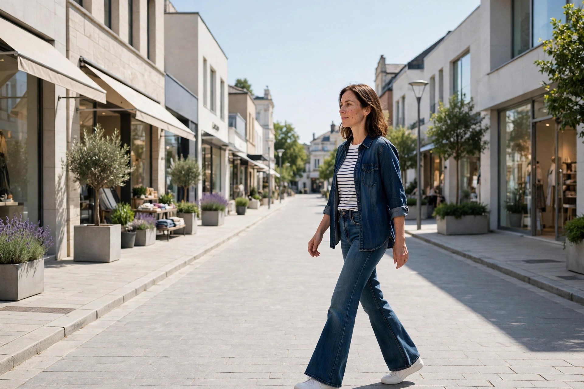 Woman wearing a striped tee under an open darker denim shirt, flared jeans and white sneakers on a street