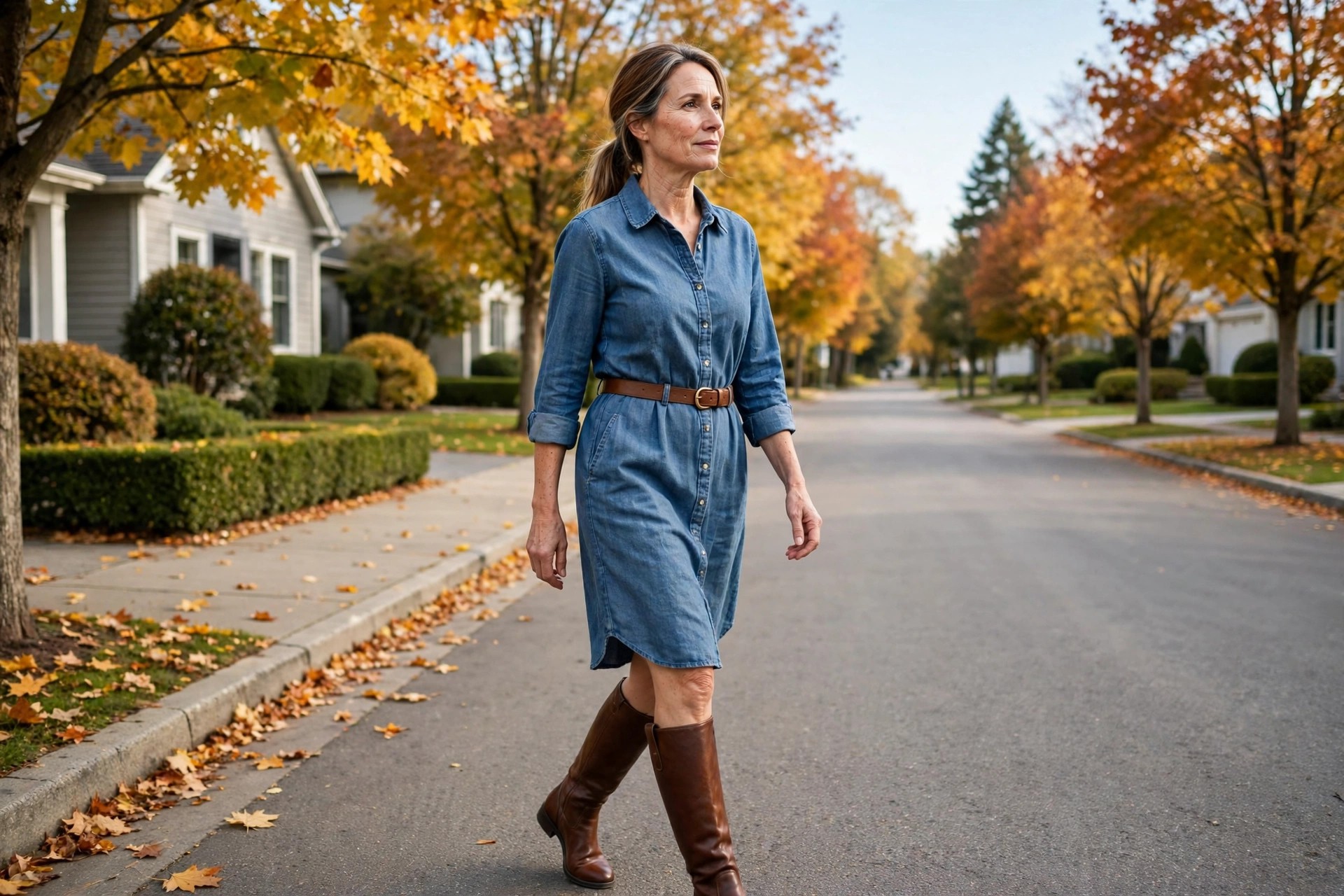 Woman wearing a chambray belted shirt dress and brown knee boots on a fall street