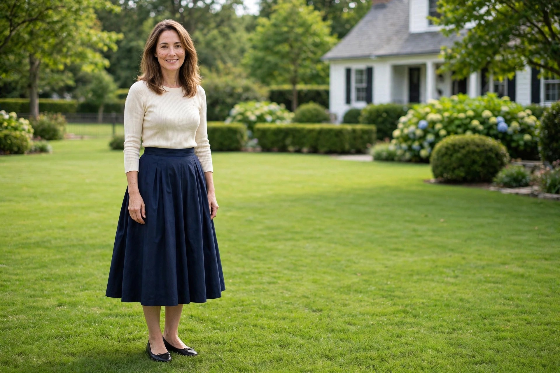 Woman wearing a cream ribbed knit top, a navy full circle skirt and black ballet flats on a lawn