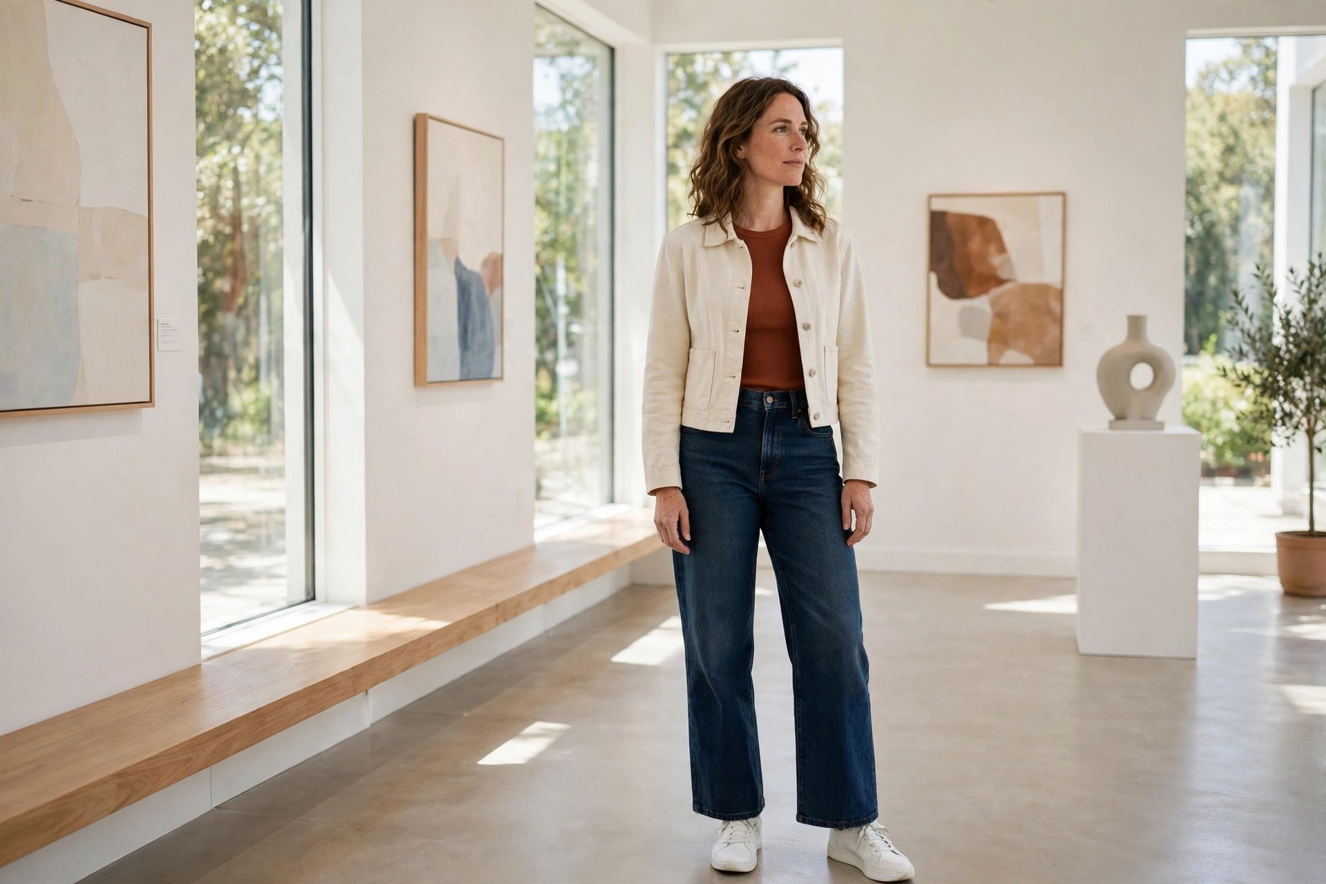Woman wearing a cropped cream jacket, a rust fitted top, dark wide leg jeans and white sneakers in a gallery