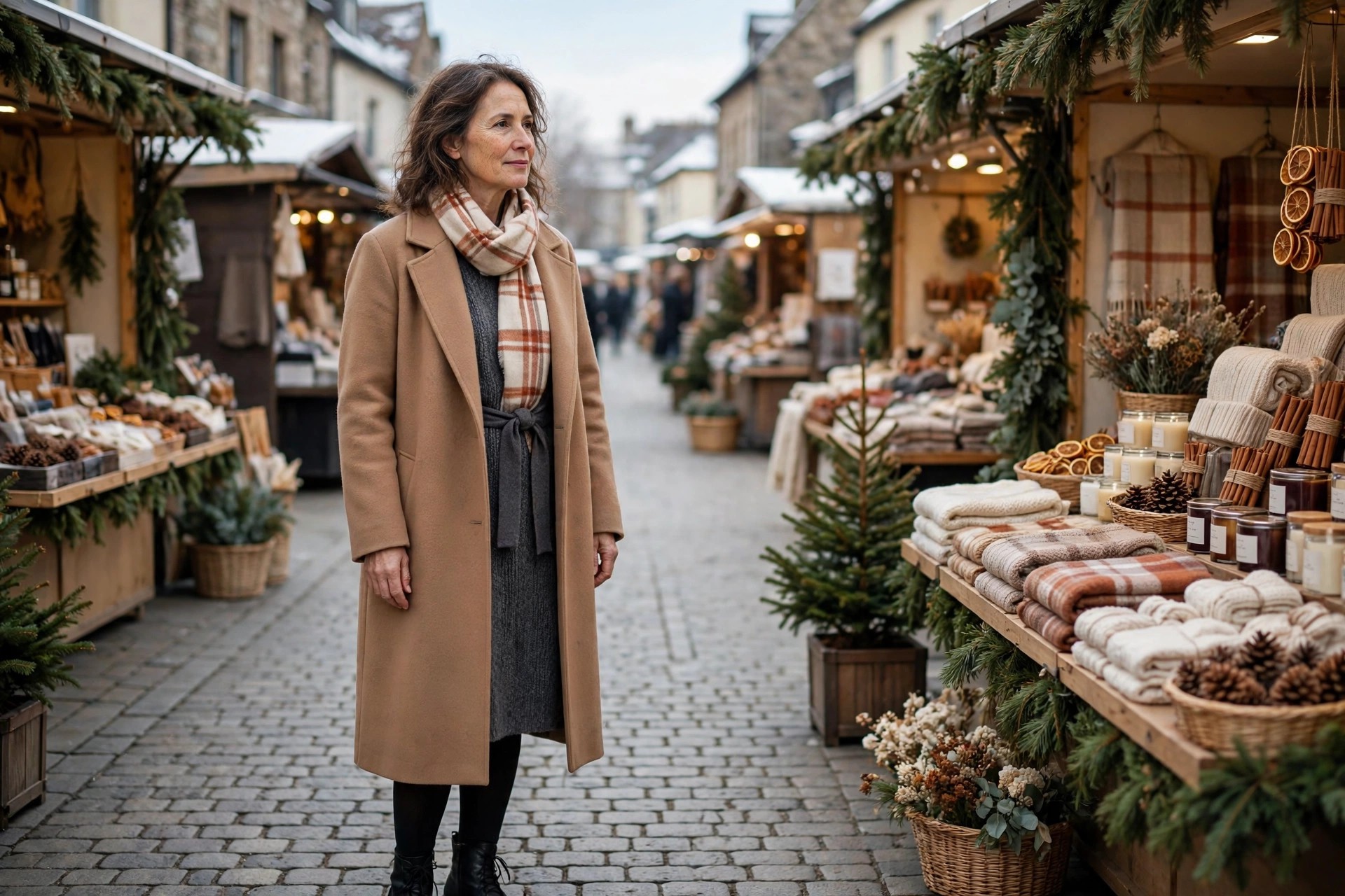 Woman wearing a camel longline coat open over a charcoal belted sweater dress, a plaid scarf, black tights and black ankle boots at a winter market