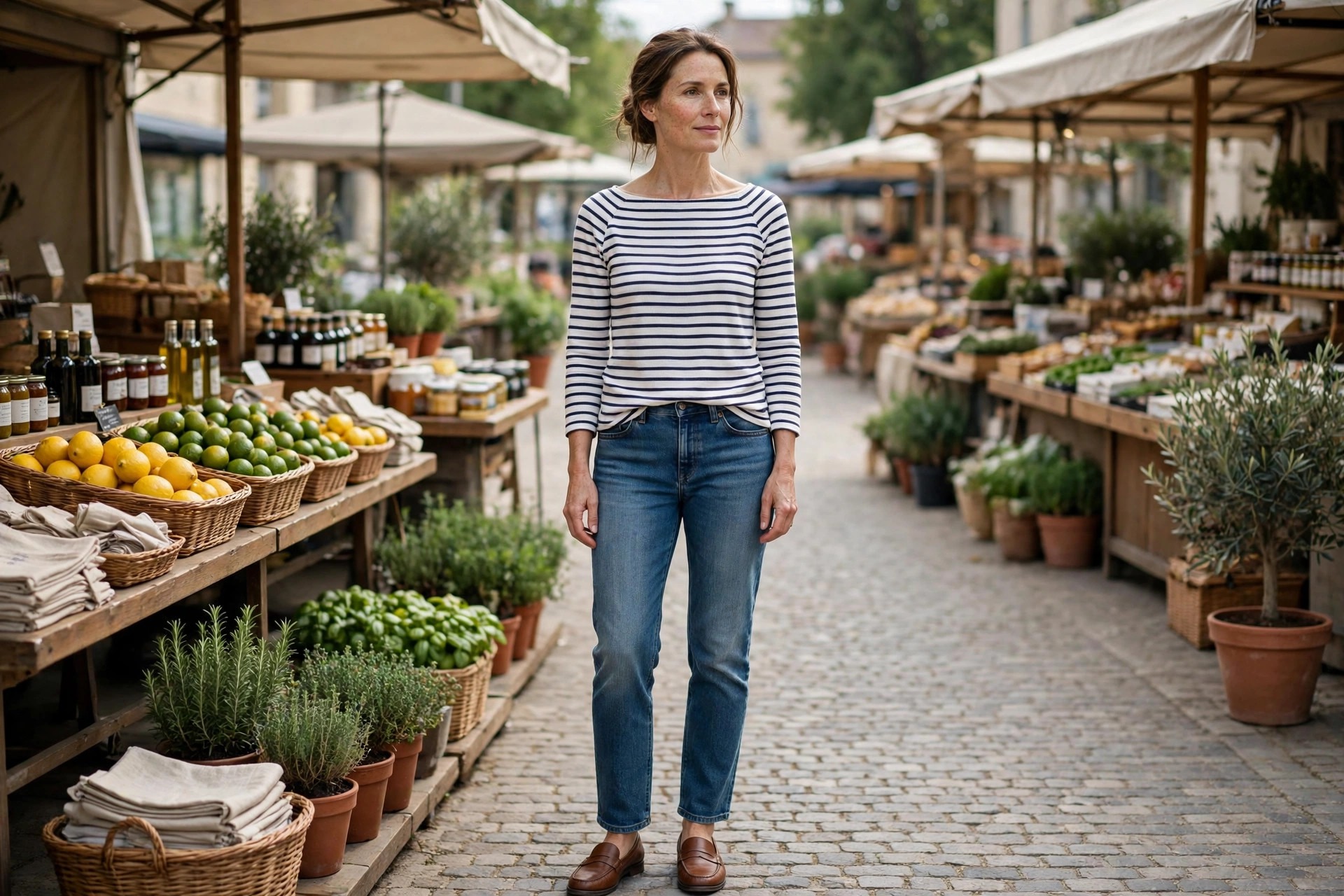 Woman with narrow shoulders in a navy and white striped boatneck top with straight jeans