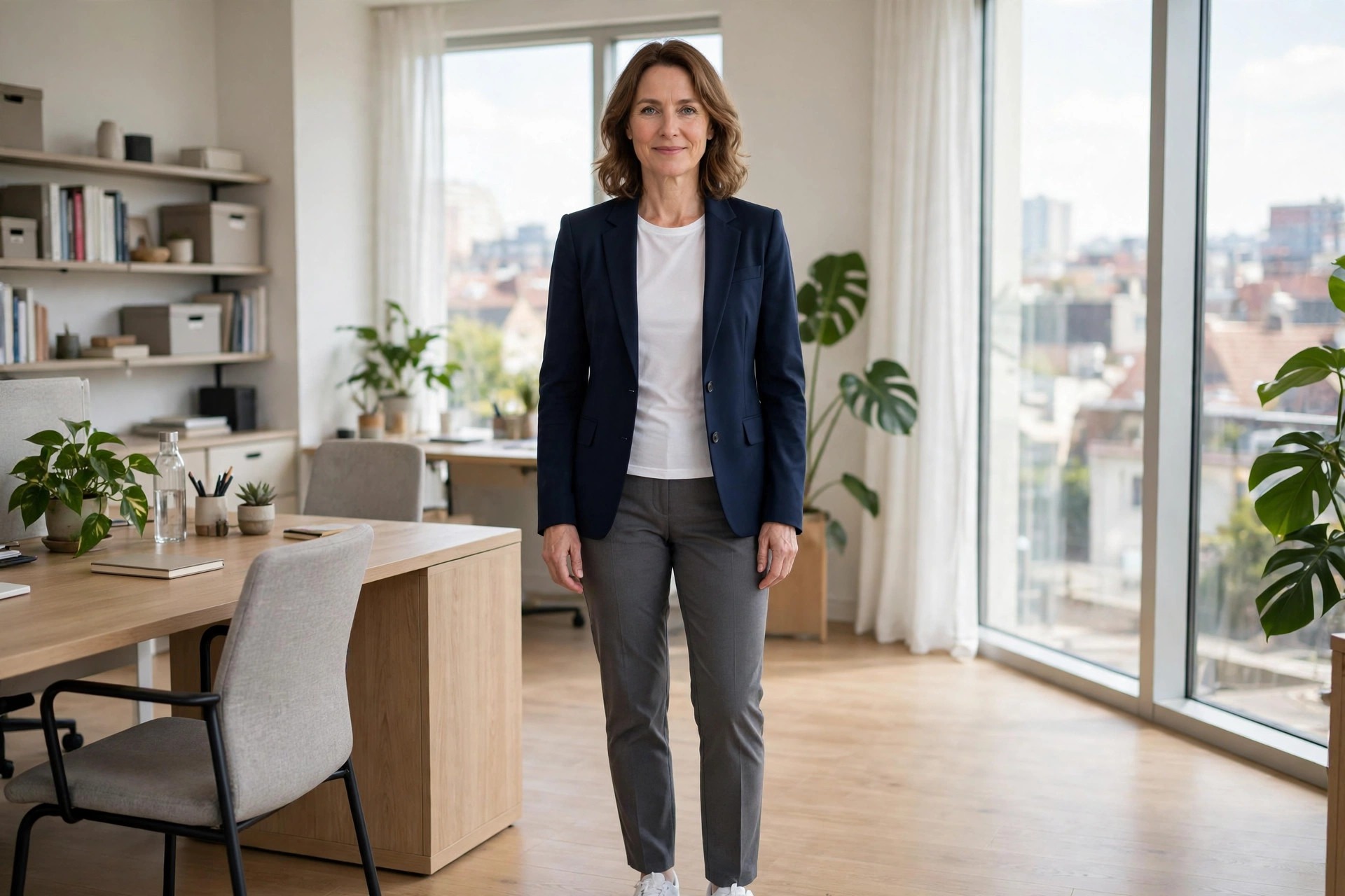 Woman with narrow shoulders in a structured navy blazer over a white tee with gray trousers