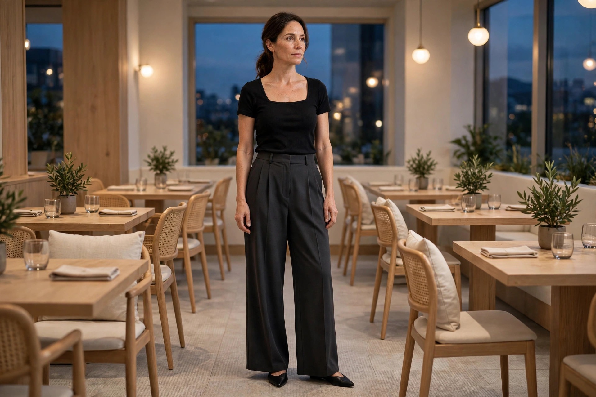 Woman with narrow shoulders in a black square neck top with charcoal wide leg pants